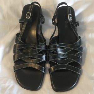 Black Leather Kitten Heel Sandals